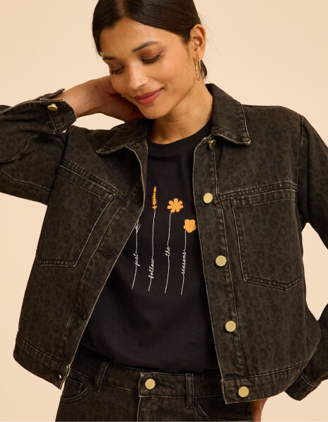 I.Code brown denim jacket with leopard print