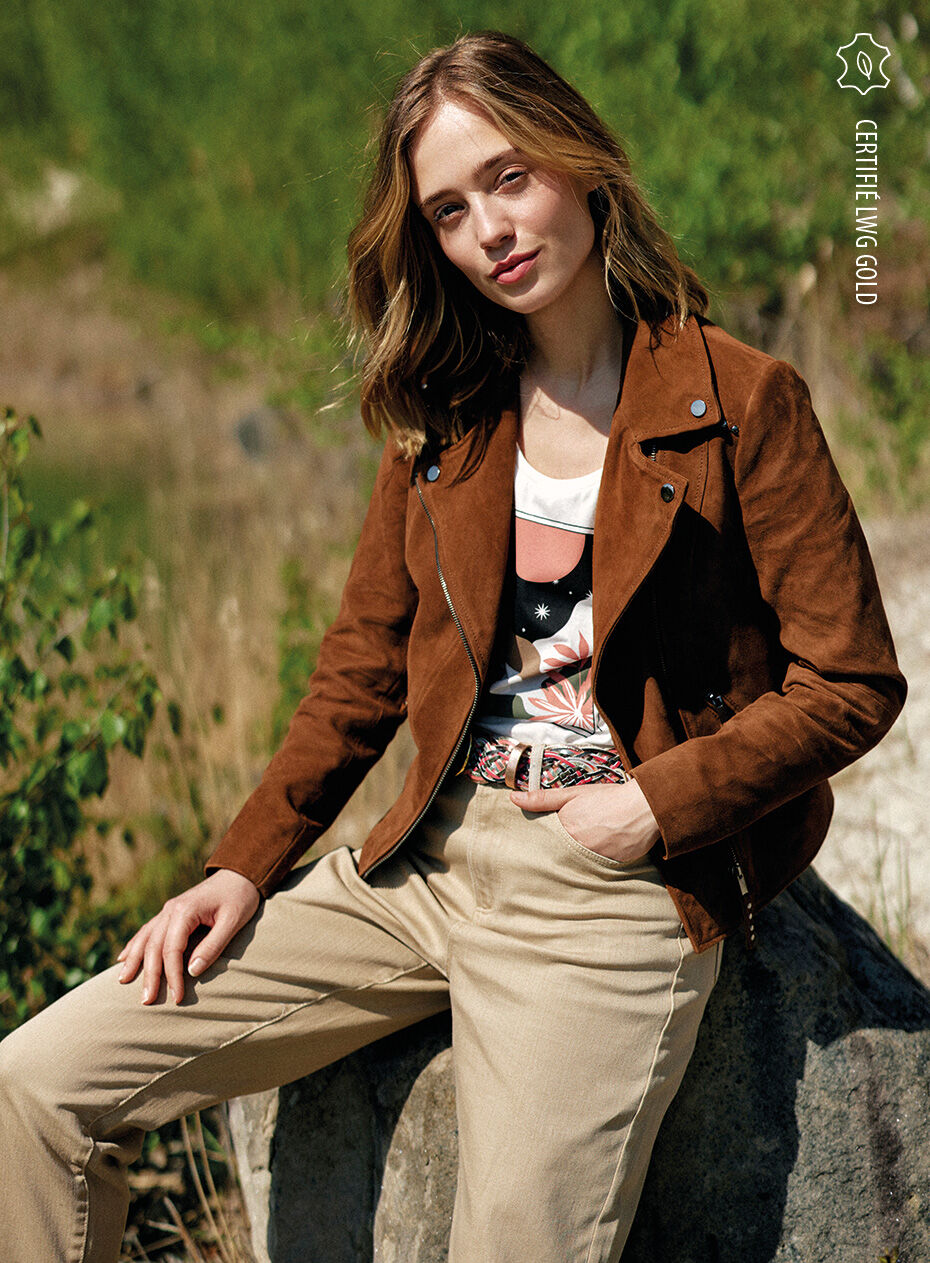 Blouson châtaigne cuir velours esprit motard I.Code