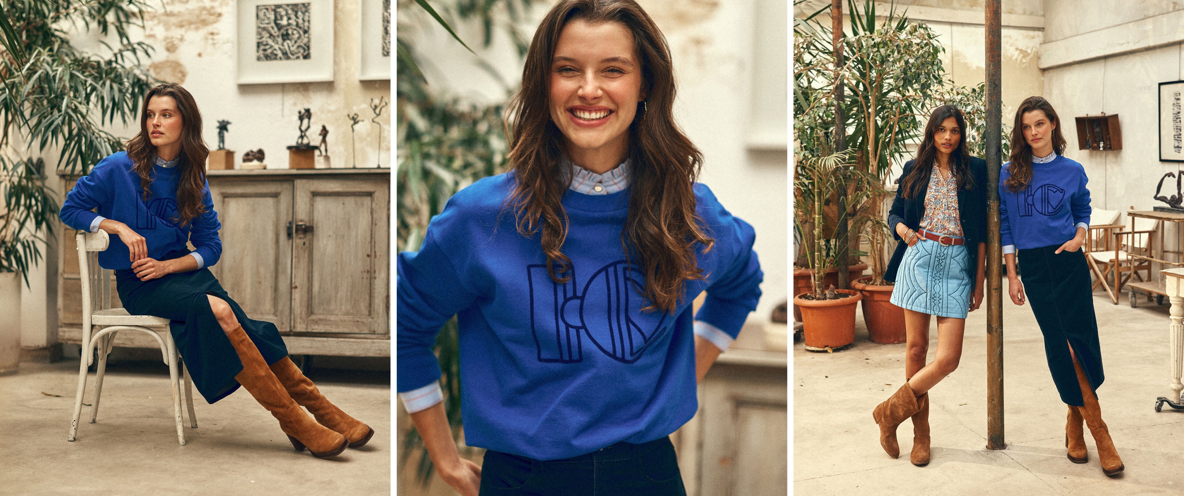 Blaues Sweatshirt Veloursflock-Monogramm I.Code