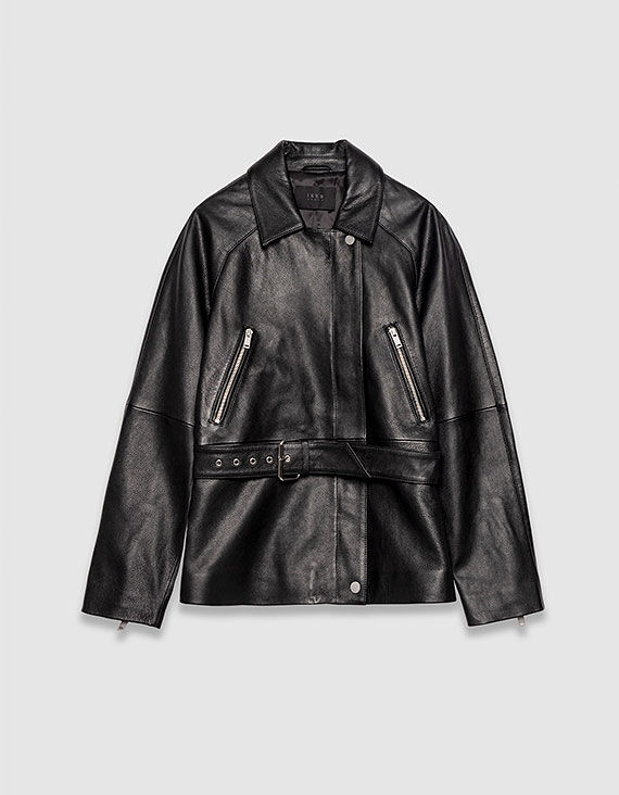 Women&rsquo;s black grained leather oversized biker jacket