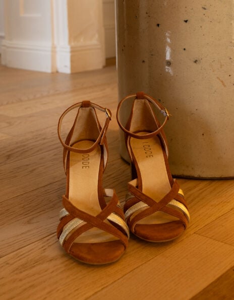 I.Code camel and gold suede heeled sandals