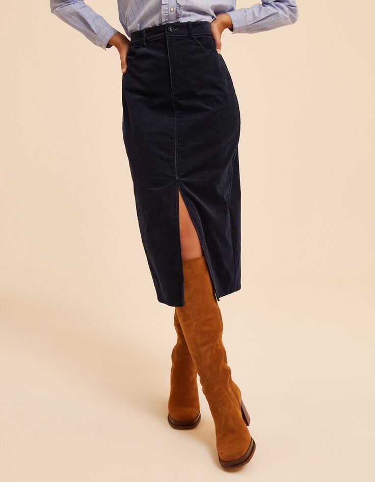 I.Code navy denim-look velvet split skirt-3