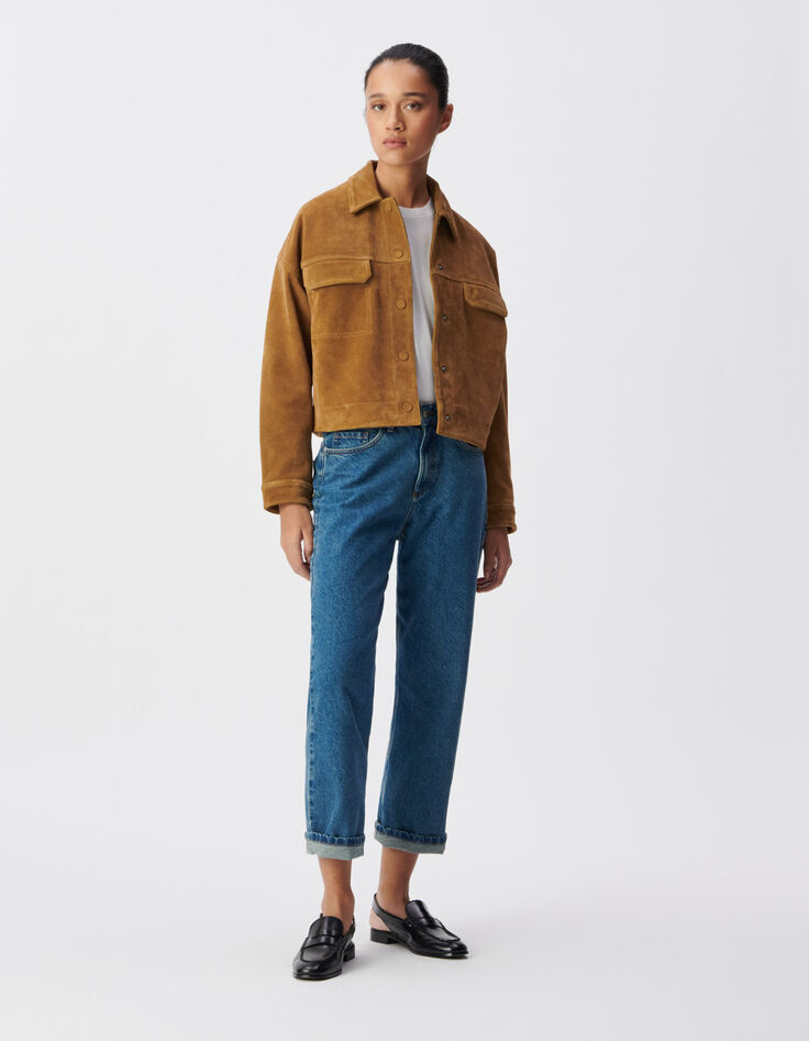 Veste courte oversize camel cuir velours Femme-1