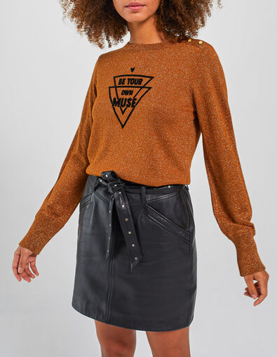 I.Code fawn glittery knit sweater, flocked velvet slogan
