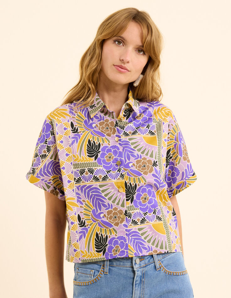 I.Code mauve short-sleeved shirt with parrot print-3