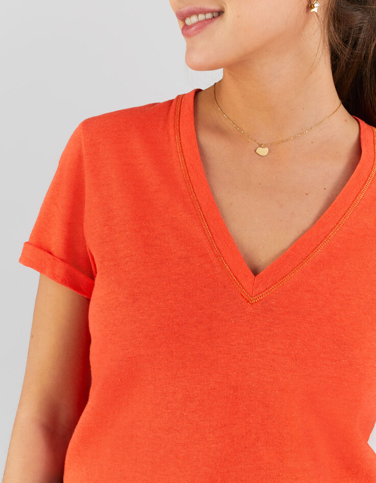 I.Code apricot V-neck T-shirt with gold seam-3