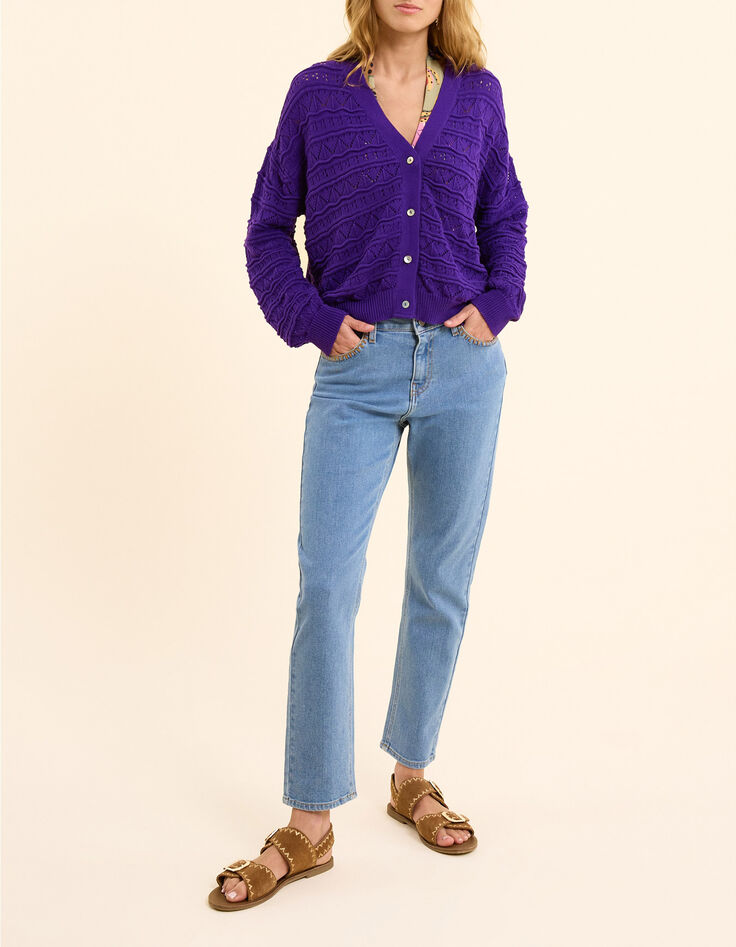 Cardigan violet tricot ajour&eacute; fantaisie I.Code-7
