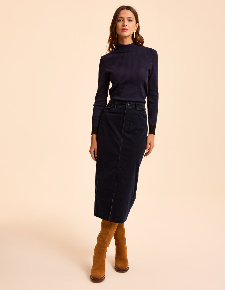 Pull col cheminée bleu tricot côtelé I.Code-5