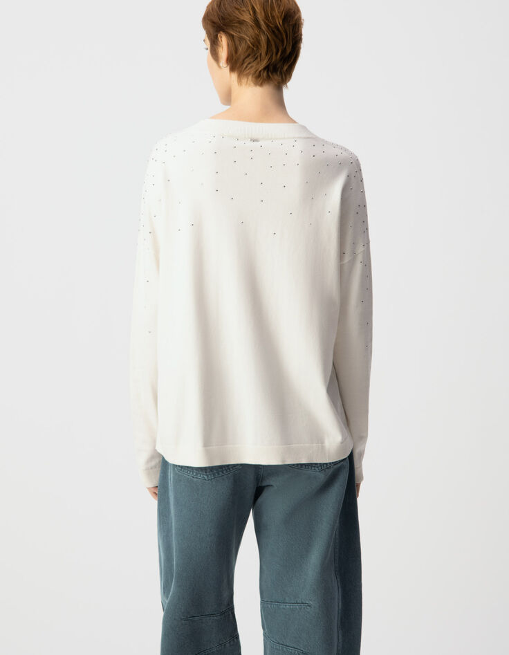 Wei&szlig;er Damen Strickpullover mit V-Ausschnitt und Nieten-3