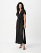 Schwarzes Maxikleid f&uuml;r Damen aus Satin mit Details aus geknitterter Spitze-2