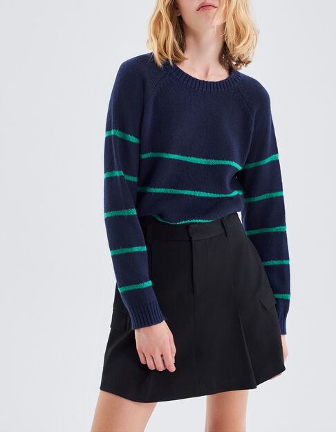 Marineblauer Damenstrickpullover mit gr&uuml;nen Streifen - IKKS