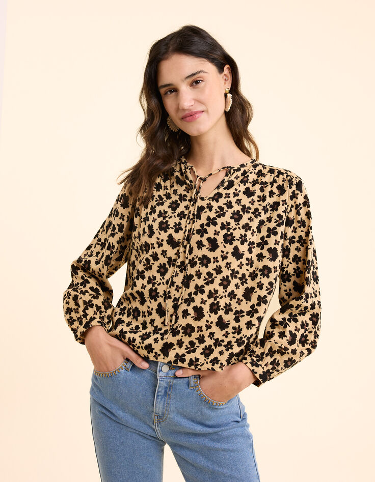 Beige blouse bloemen-luipaardprint I.Code-1