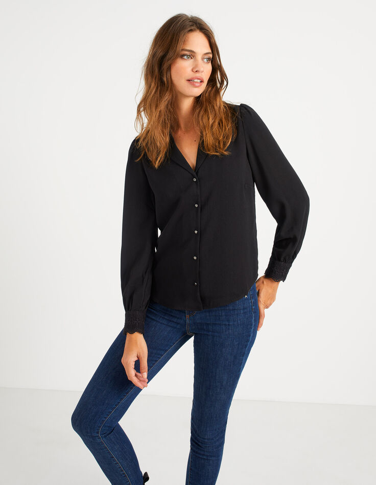 Schwarze Bluse mit bestickten Manschetten I.Code-2 Schwarze Bluse mit bestickten Manschetten I.Code-2
