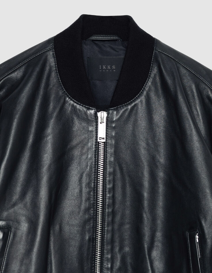 Schwarzer Lederbomber Damen maxi &Ouml;sen-Design-7