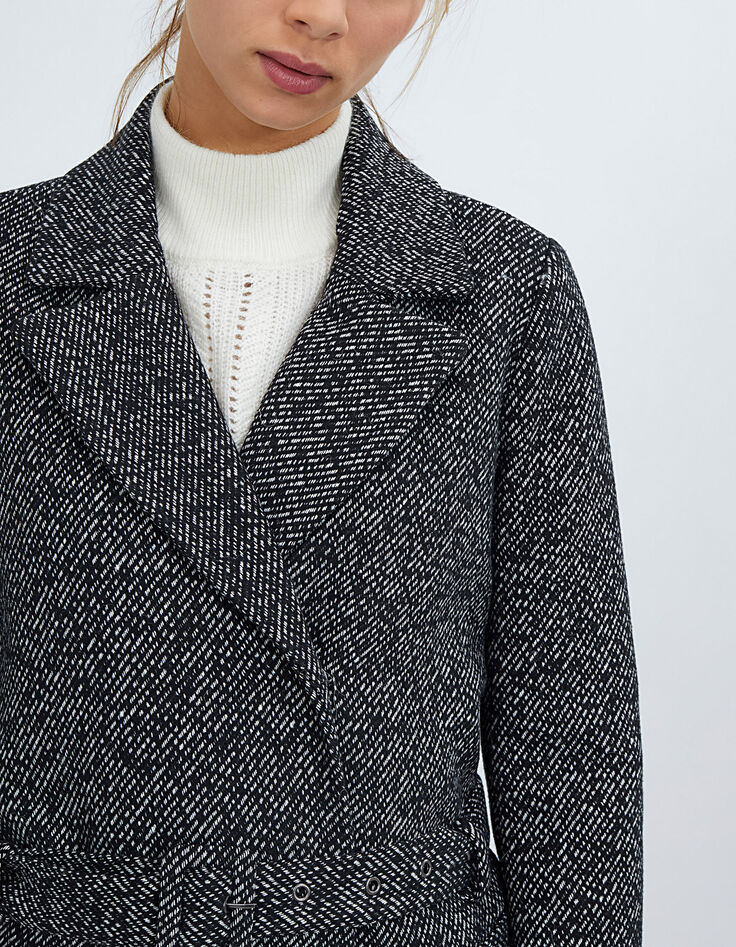 Manteau noir long et chiné avec ceinture I.Code-5