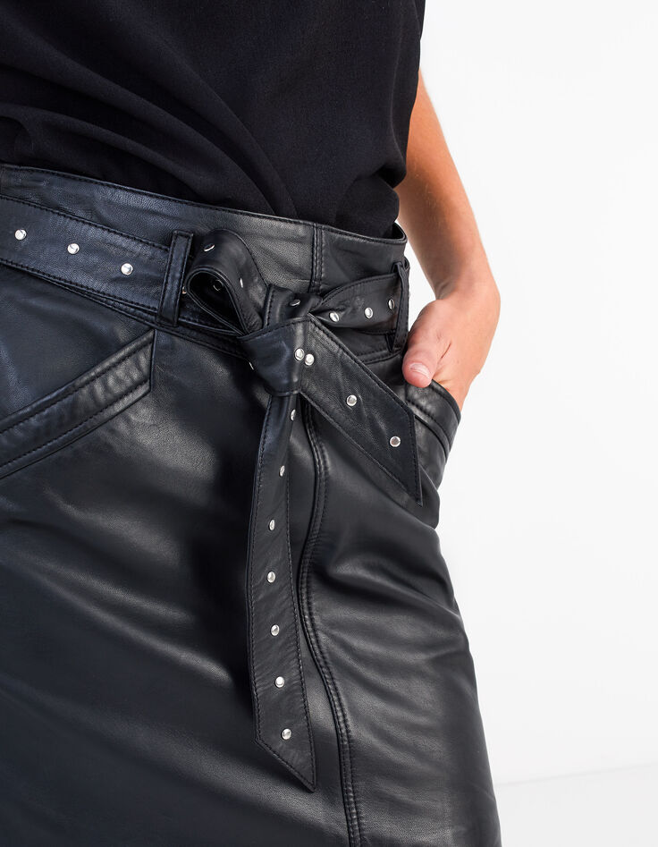 I.Code black leather skirt with studded belt-3