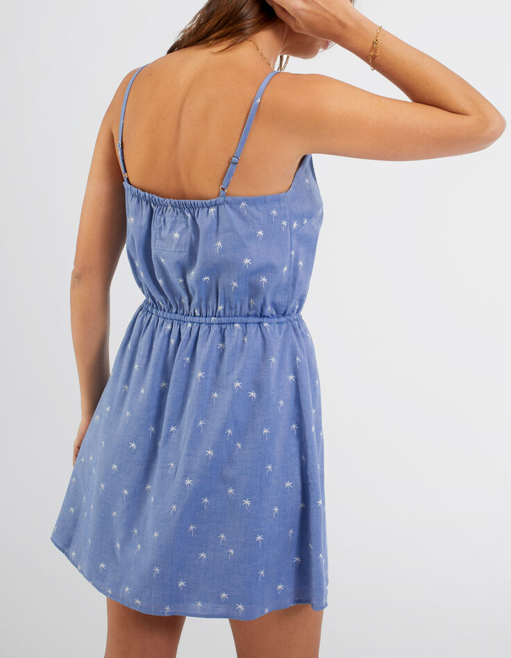 Blaues Kleid mit dünnen, mit Palmen bestickten Trägern I.Code-2