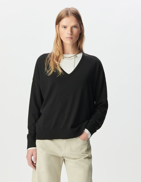 Schwarzer Oversize-Damenpullover V-Ausschnitt Feinstrick - IKKS
