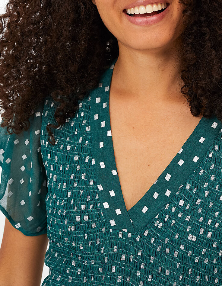 Vestido verde estampado cuadros plata con smocks I.Code-3