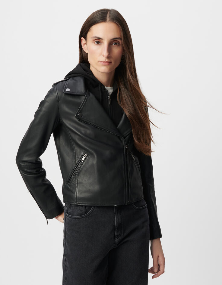 Women's black leather biker jacket with detachable hood-2