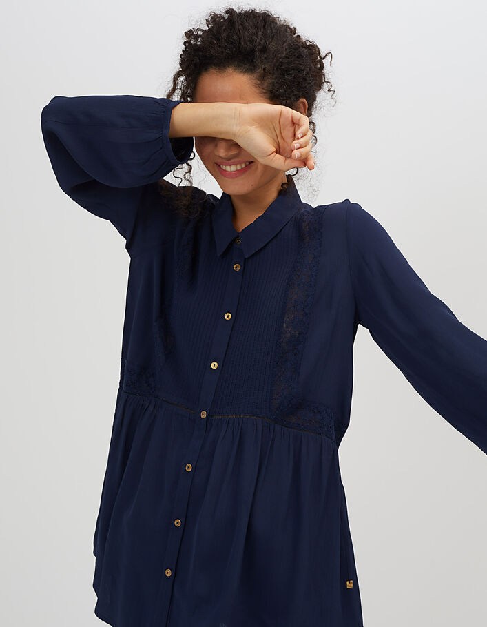 I.Code navy shirt with stitched pleats and lace - I.CODE