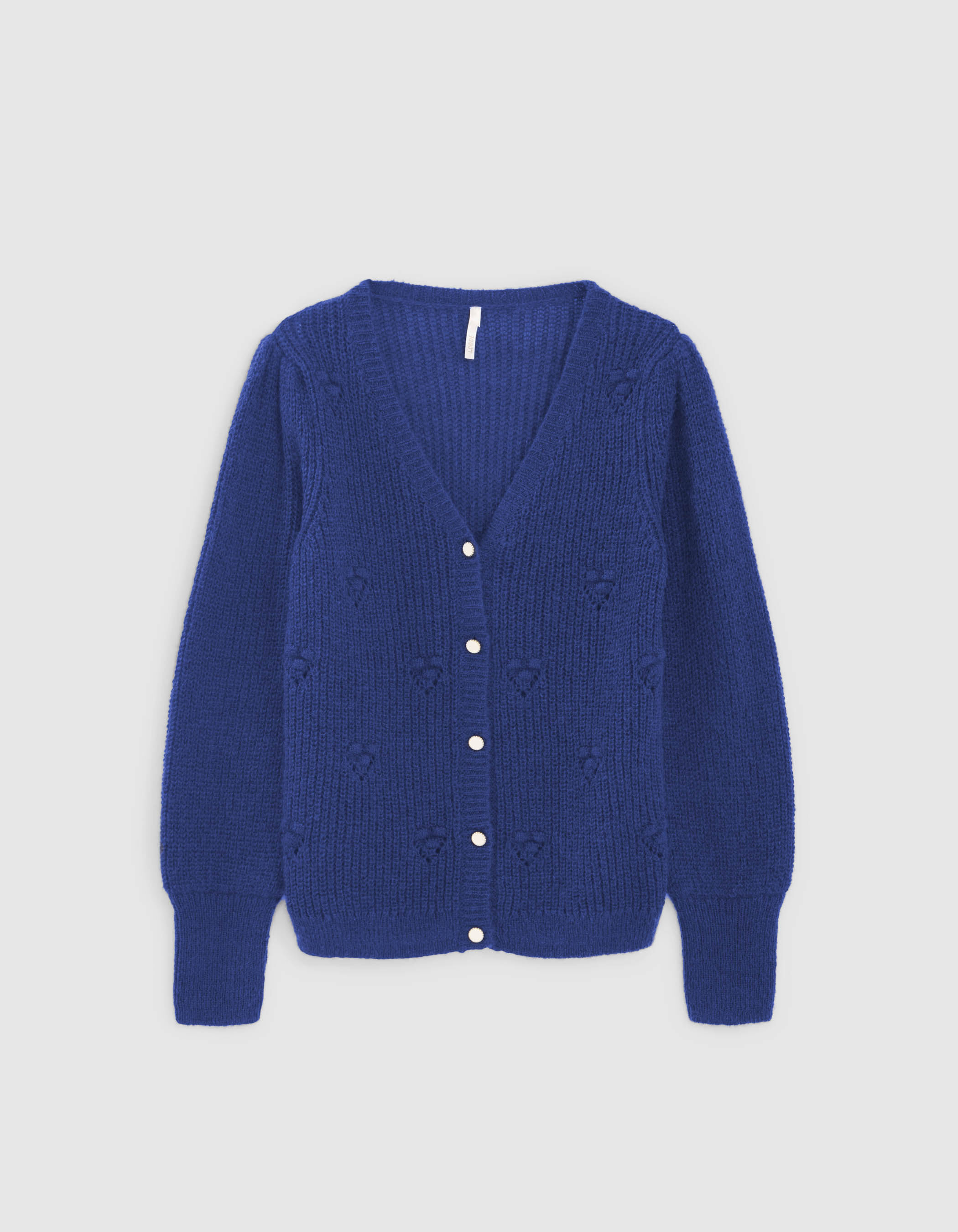 I.Code sapphire blue knit cardigan with decorative stitch