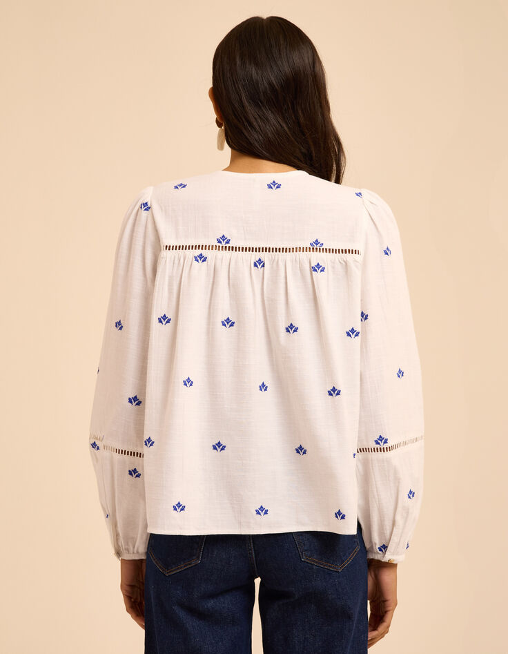 I.Code ecru blouse with blue flower embroidery-5