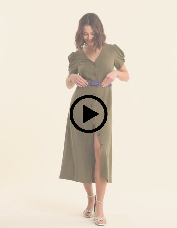 Robe midi kaki boutonn&eacute;e lin m&eacute;lang&eacute; I.Code-7