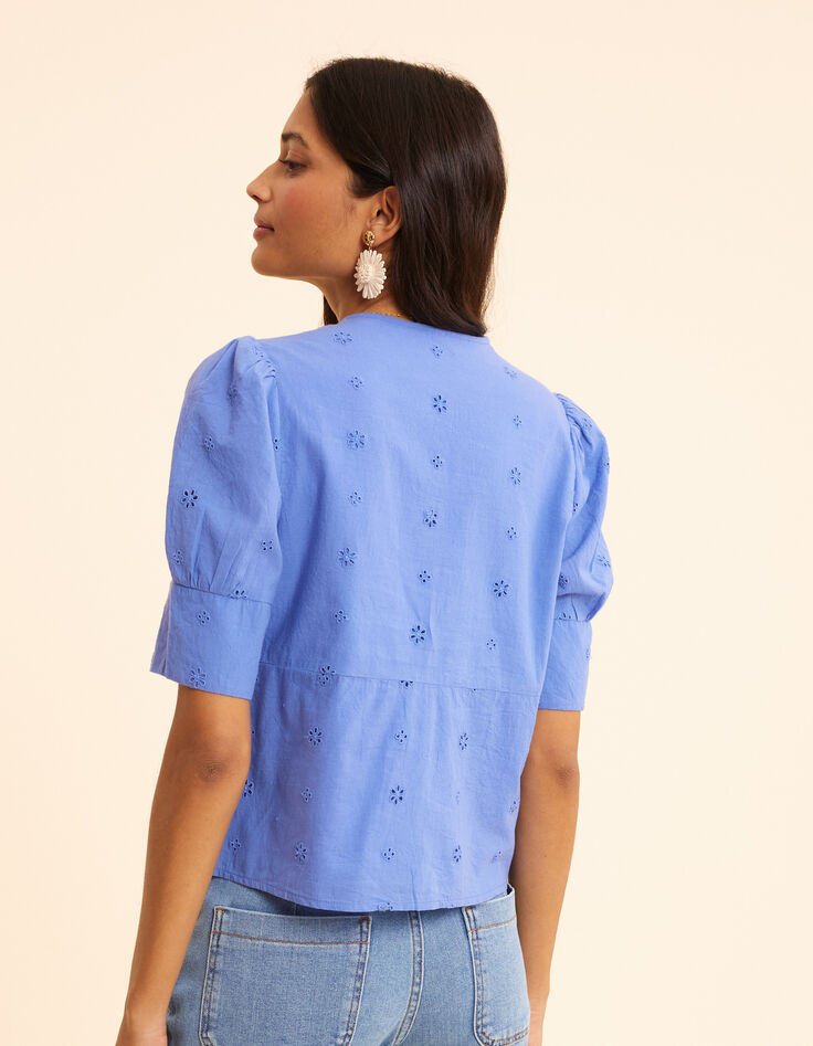 Blue top embroidery anglaise double-breasted buttoning I.Code-4