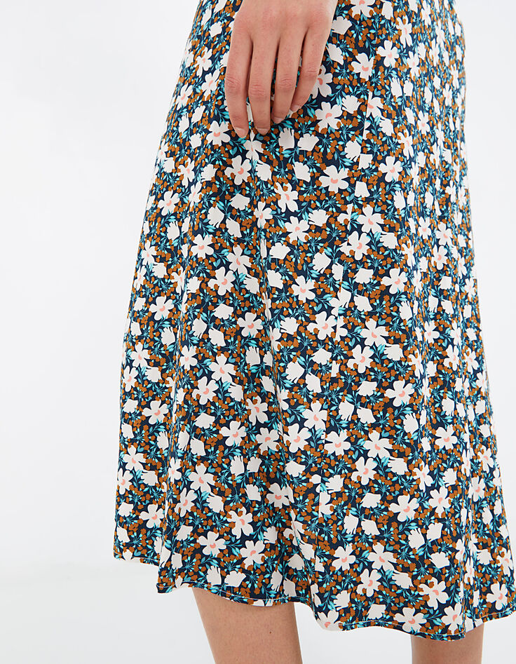 Blauwe midi-rok witte bloemenprint dames-5