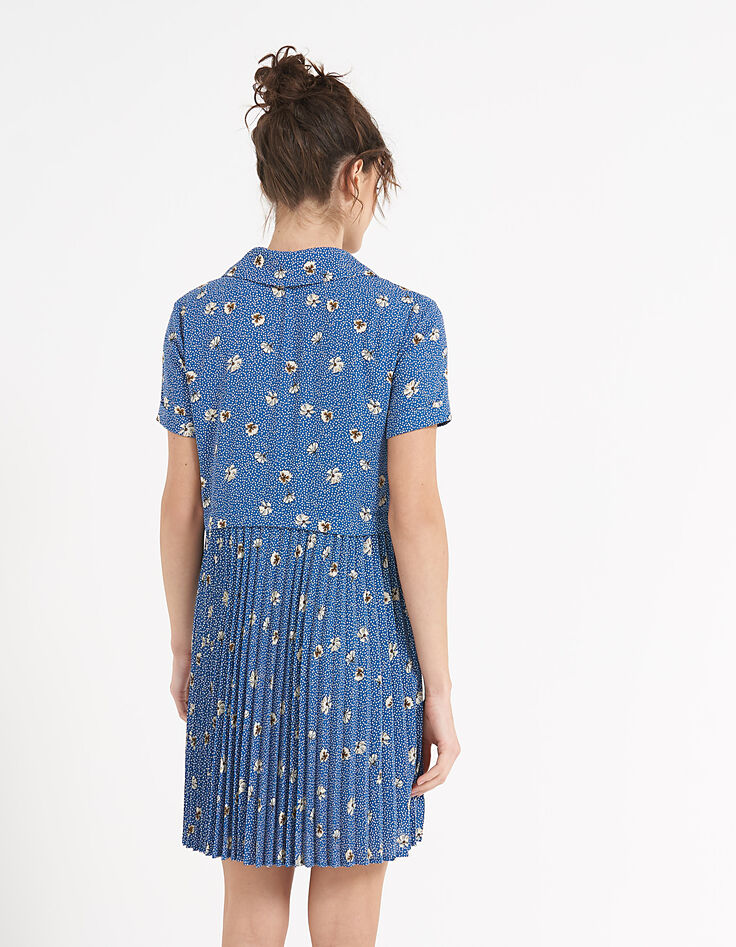 Robe chemise bleue plissée imprimé fleurs et pois I.Code-3