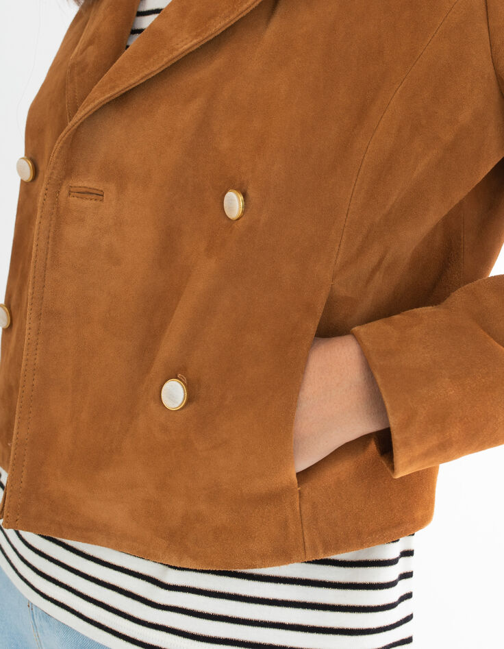 Veste caban court camel en cuir velours I.Code-5