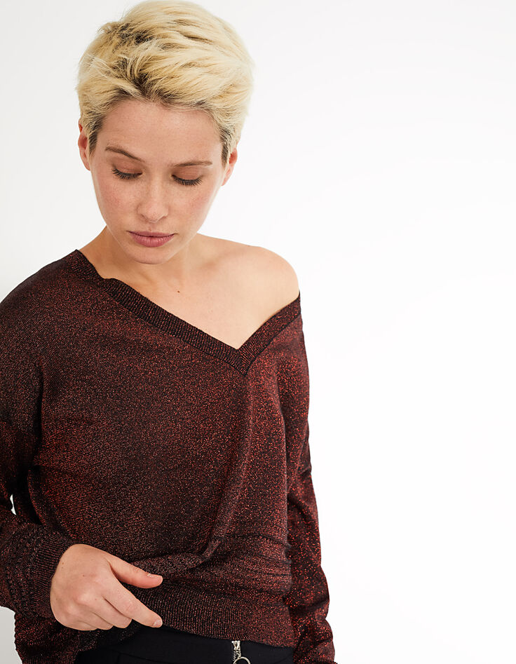 Pull rouge lipstick en maille lurex à col V I.Code-1