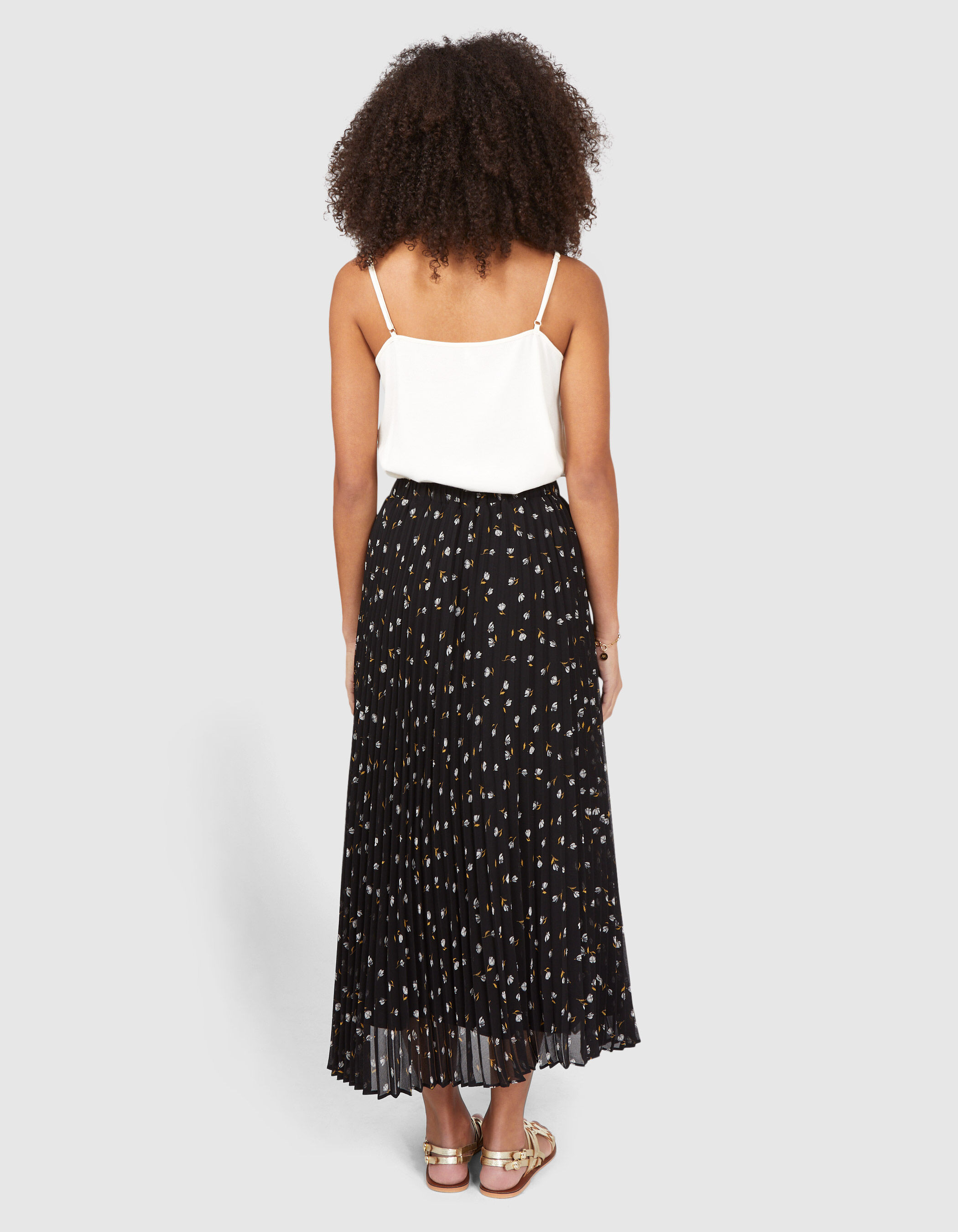 I.Code black pleated long skirt rock mini flower print