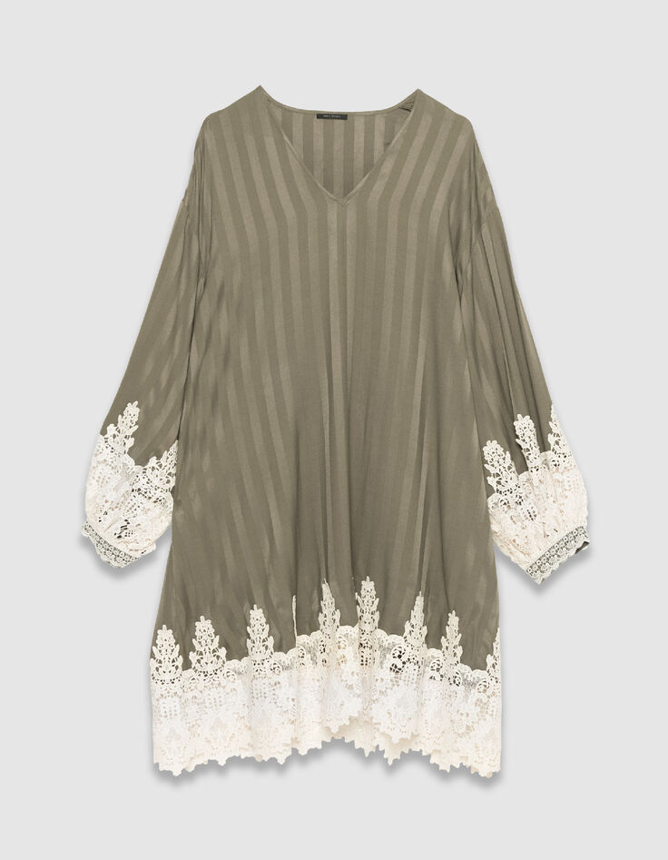 Locker geschnittenes khakifarbenes gestreiftes Kleid mit Spitzenbesatz Damen-7