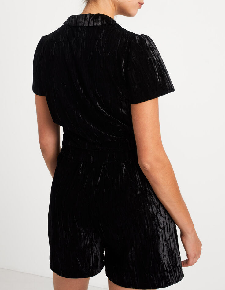 Zwarte korte jumpsuit in velours de panne reliëf I.Code-2