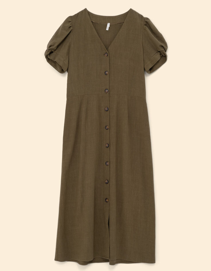 Vestido midi caqui abotonado en mezcla de lino I.Code-5
