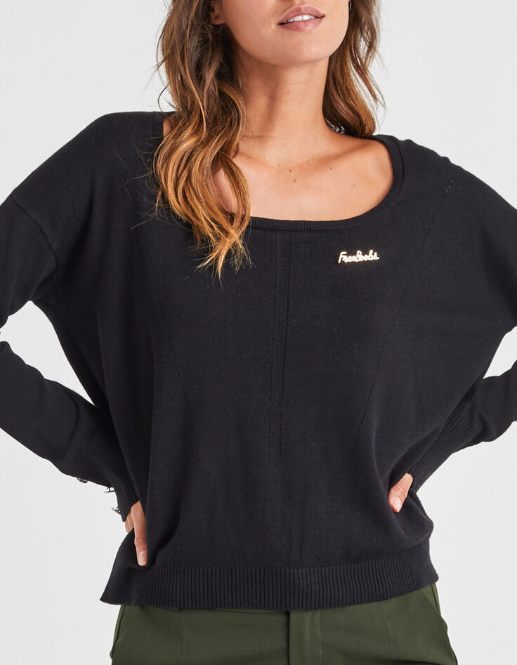Pull noir tricot avec boutons manches I.Code-1 Pull noir tricot avec boutons manches I.Code-1