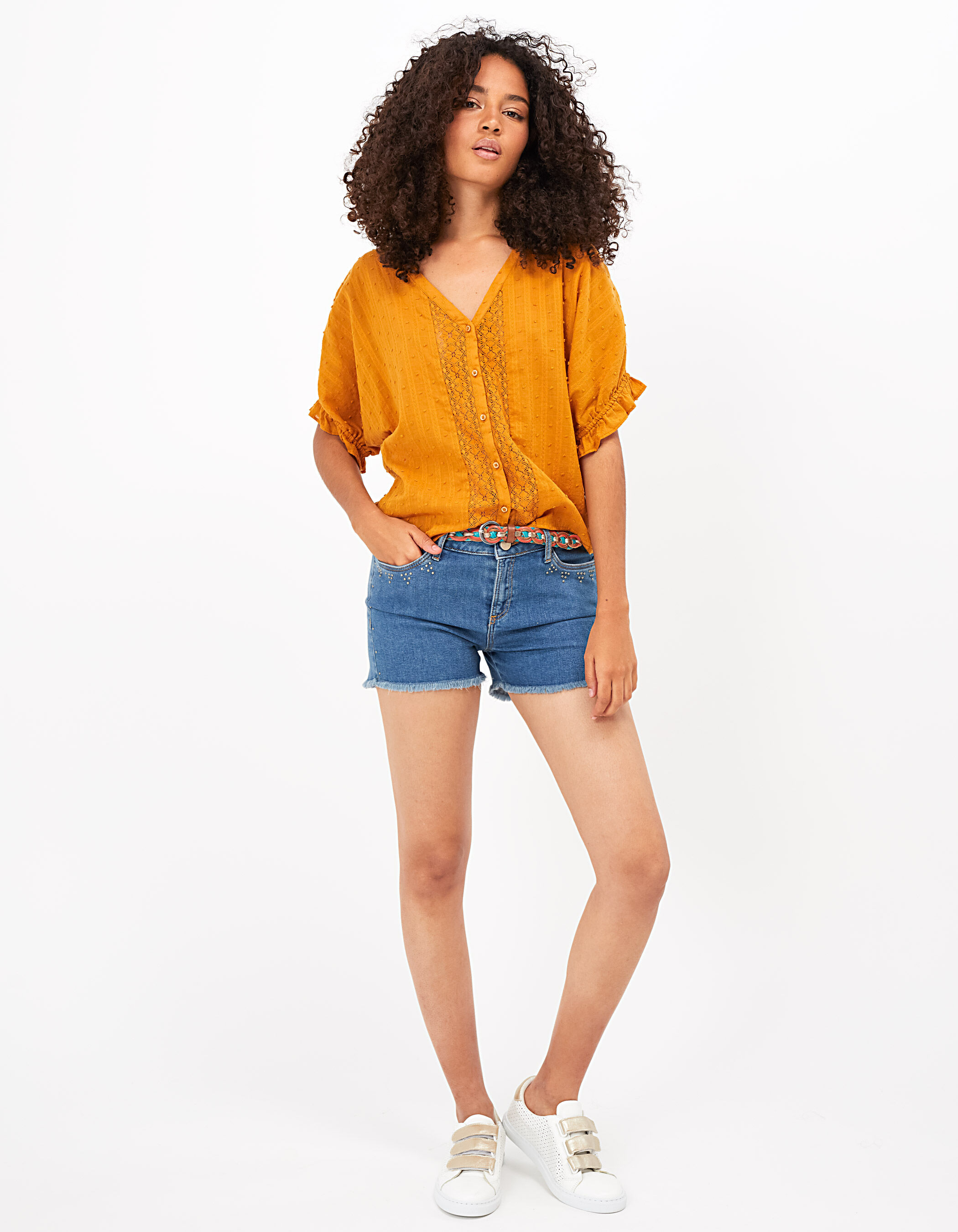 I.Code yellow lace top with batwing sleeves