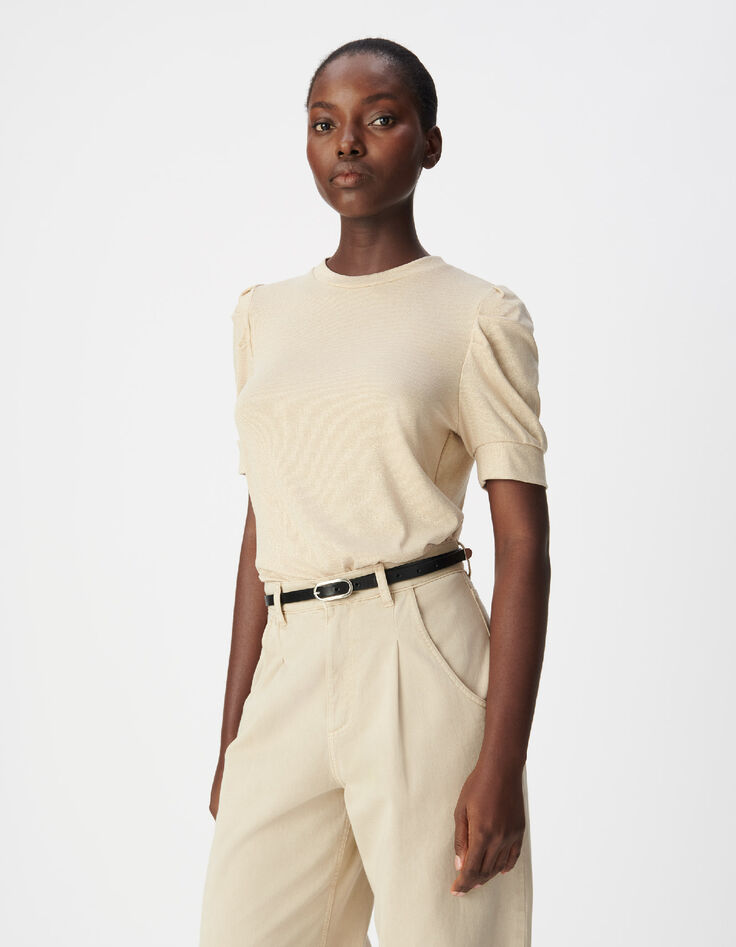 Goldfarbenes Damen-Pailletten-Rundhalsausschnitt-T-Shirt mit gerafften &Auml;rmeln-2