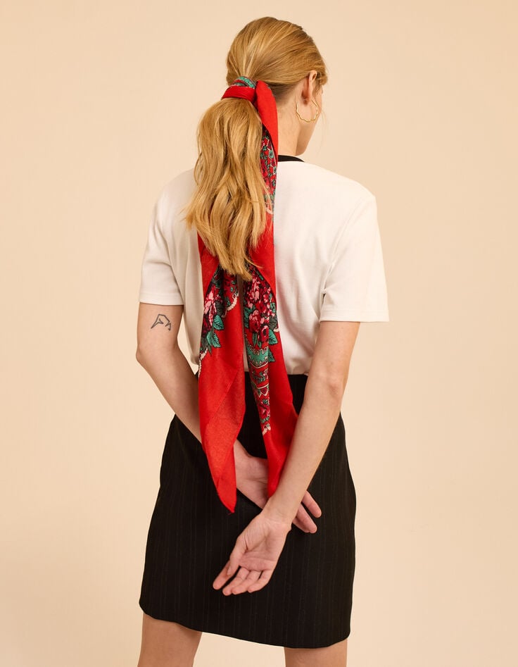 I.Code red scarf with winter floral motif-2 I.Code red scarf with winter floral motif-2