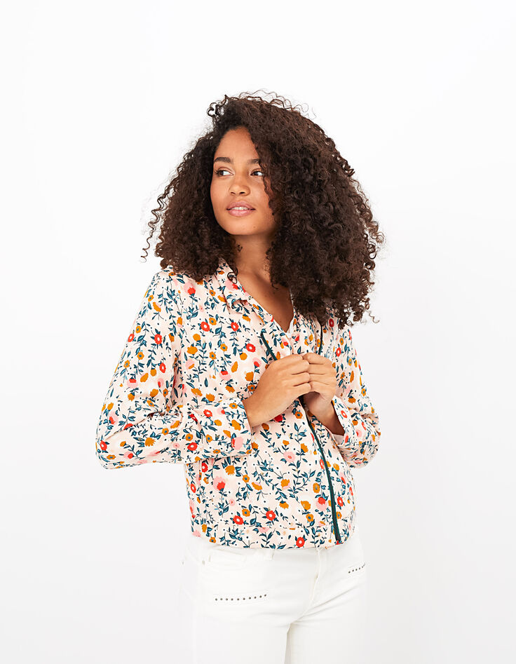 Veste de motard rose poudré imprimé floral et doré I.Code-5