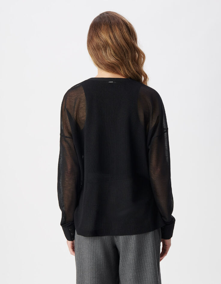 Black long-sleeved cardigan with knit pockets for women-3