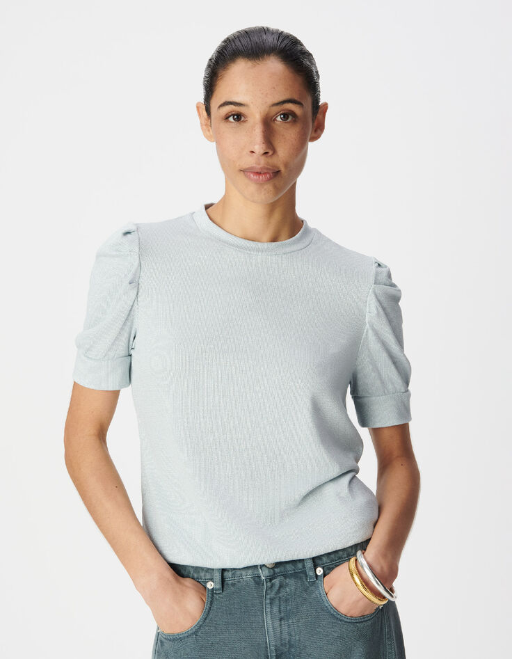 Blaues Pailletten-Rundhalsausschnitt-T-Shirt f&uuml;r Damen mit gerafften &Auml;rmeln-1