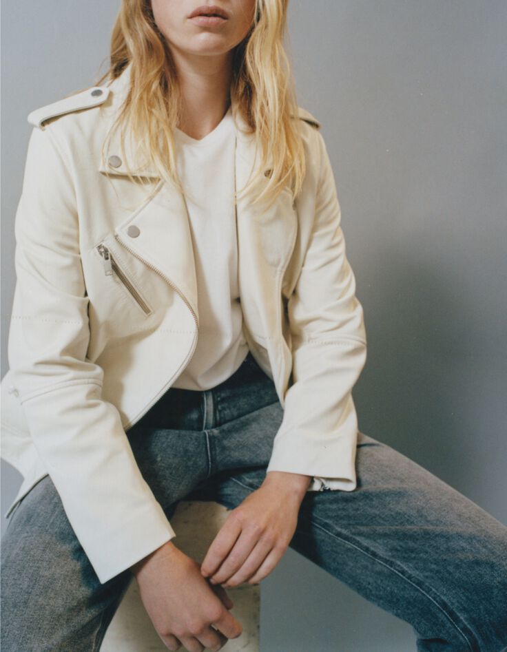 -Bikerjacke aus Leder mit Rei&szlig;verschlusstaschen in Ecru-1