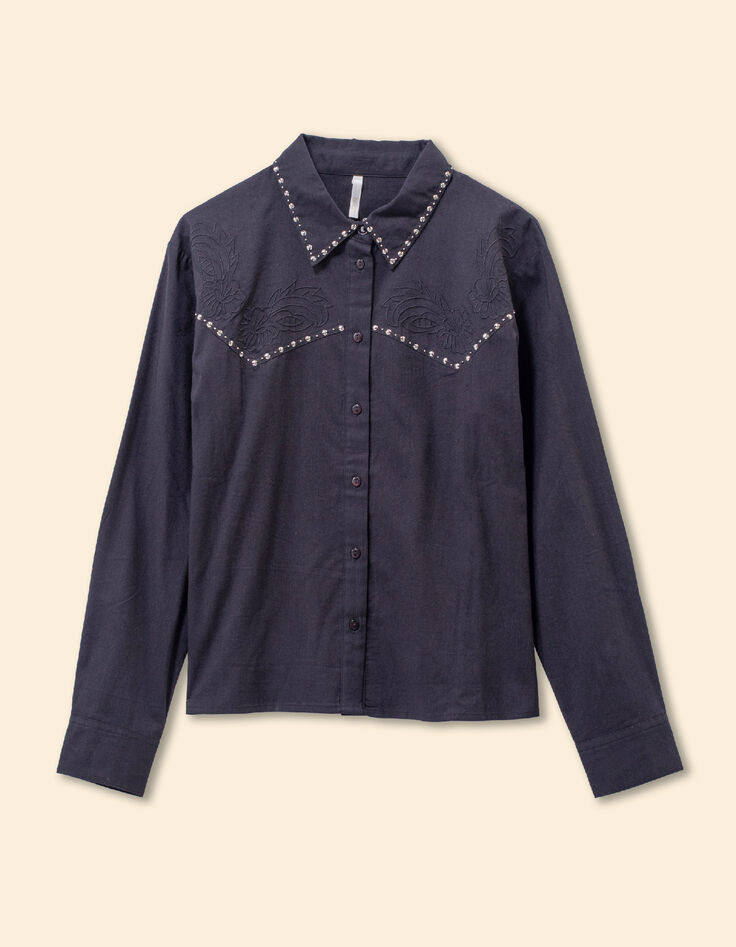 Chemise noire broderies et clous Femme-1