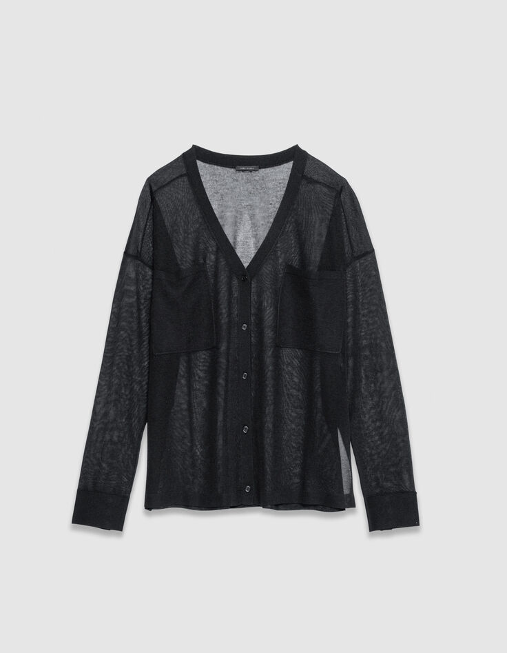 Black long-sleeved cardigan with knit pockets for women-6