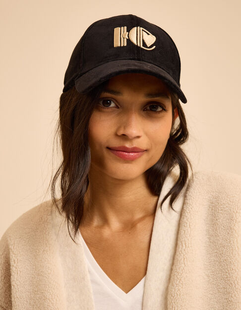 I.Code black velvet cap with embroidered monogram