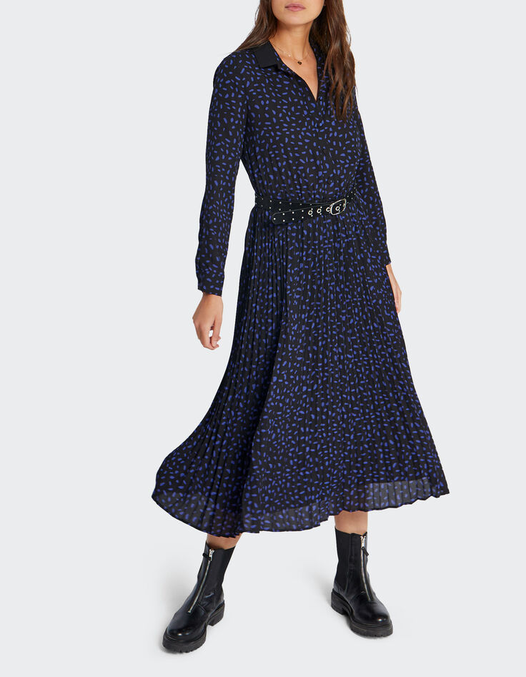 Robe longue noire plissée imprimé pois revisités I.Code-6