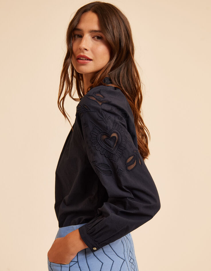 Blusa azul marino bordados mangas I.Code-1 Blusa azul marino bordados mangas I.Code-1